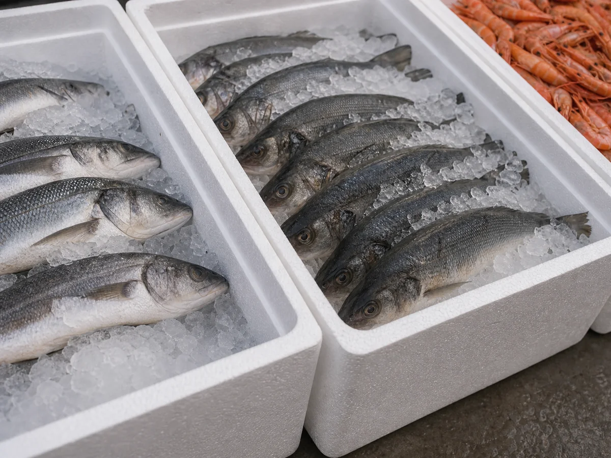 Pescado acomodado en capas alternadas con hielo dentro de una caja EPS