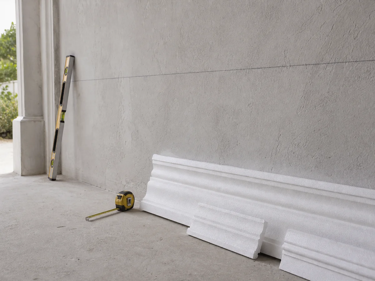 Pared marcada con nivel, cinta y molduras EPS listas para instalar